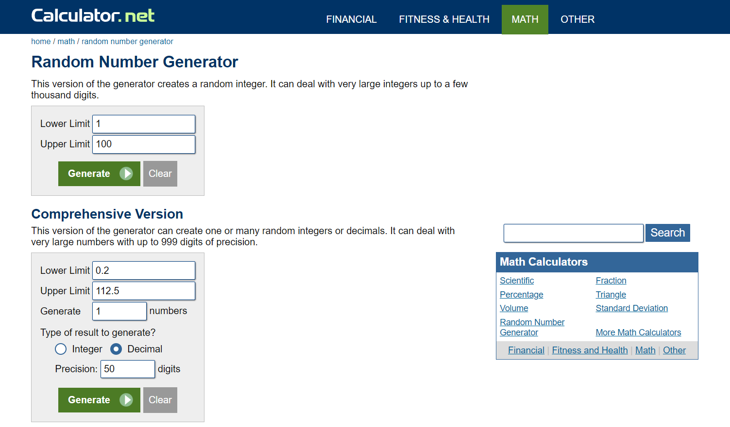 Calculator.net random number generator