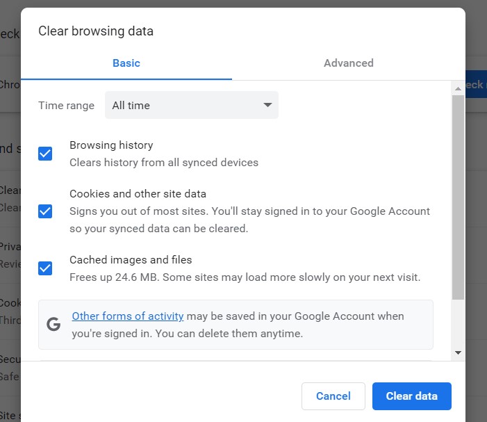 clear data on chrome