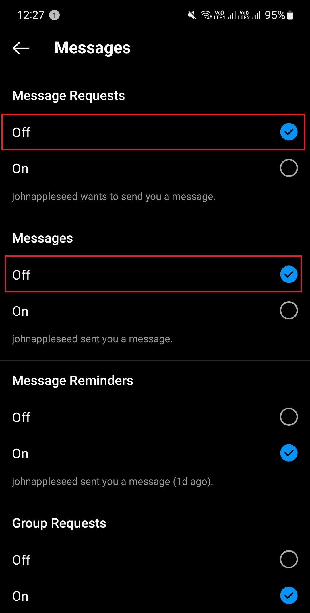 Toggle off Message Requests and Messages