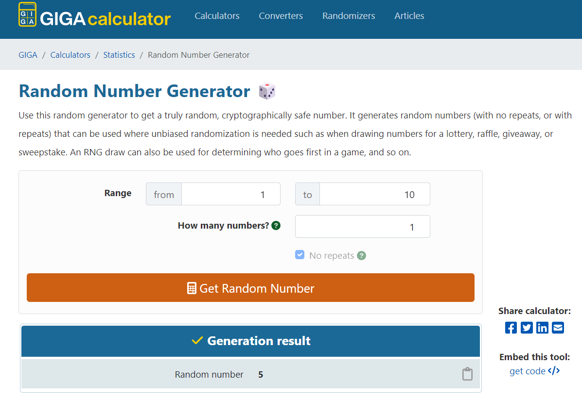 GIGAcalculator Random Number Generator