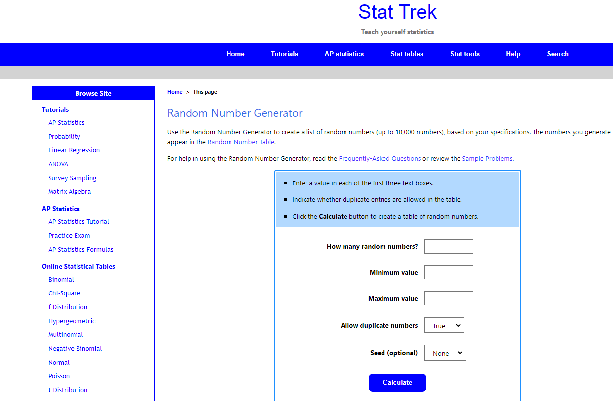 Stat Trek Random Number Generator