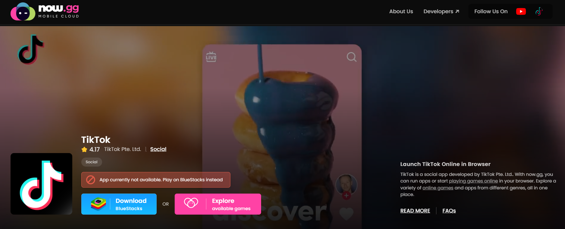 TikTok on the browser using Now.gg